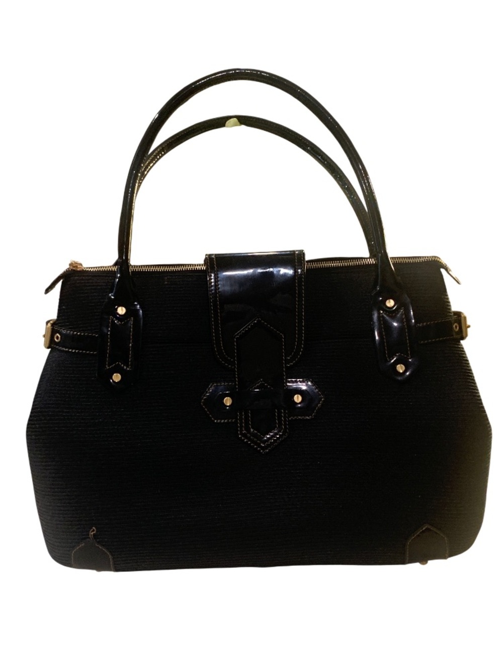 Eric Javits New York Large Black Tote bag Straw Leather Trim Gold Logo + mirror